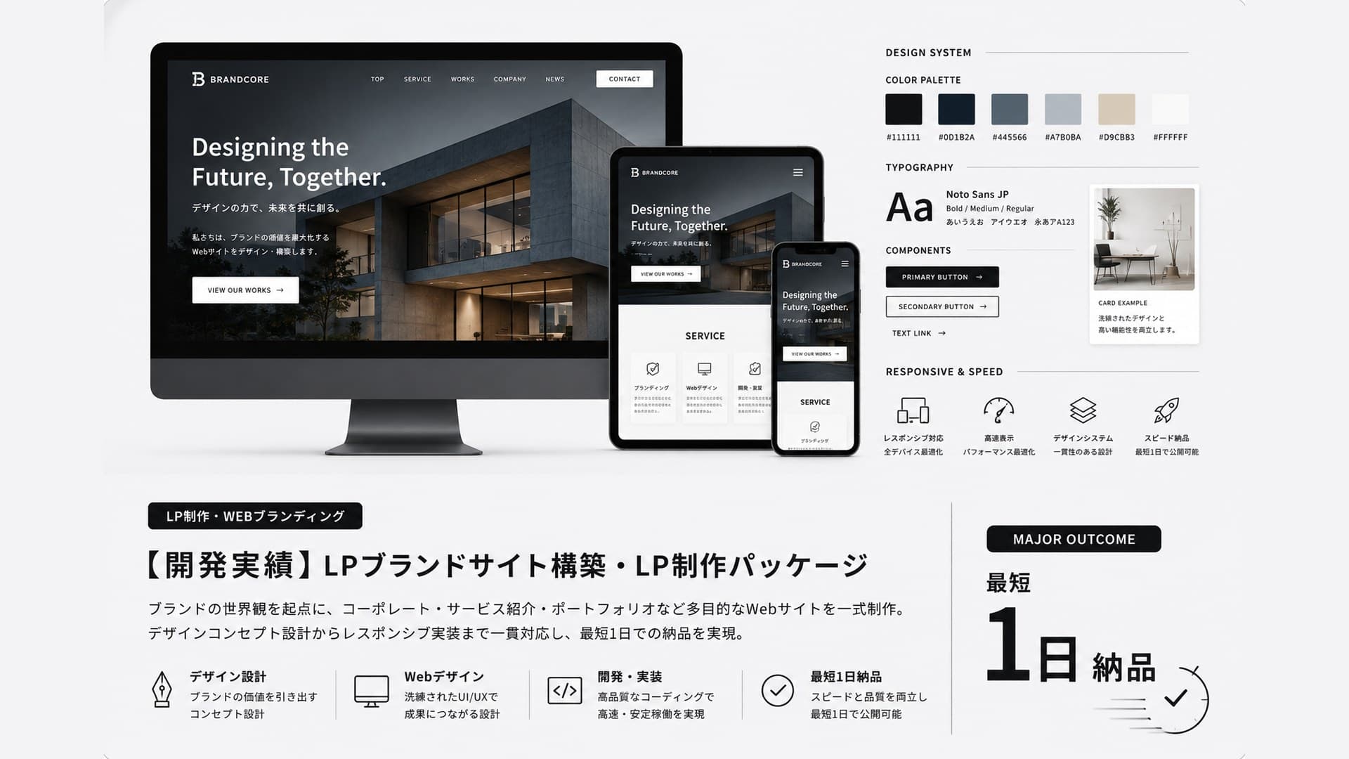 【開発実績】LPブランドサイト構築・LP制作パッケージのデザインシステムとマルチデバイス表示。最短1日での納品を実現。ブランドの世界観を起点に、コーポレートサイト・サービス紹介・ポートフォリオなど多目的なWebサイトを一式制作し、デザインコンセプト設計からレスポンシブ実装まで一貫対応。カラーパレットとタイポグラフィ、ボタン・カードなどのコンポーネントを含むデザインシステムを整備し、レスポンシブ対応による全デバイス最適化、高速表示のパフォーマンス最適化、一貫性のあるデザイン設計、最短1日で公開可能なスピード納品を実現したLP制作パッケージ事例。